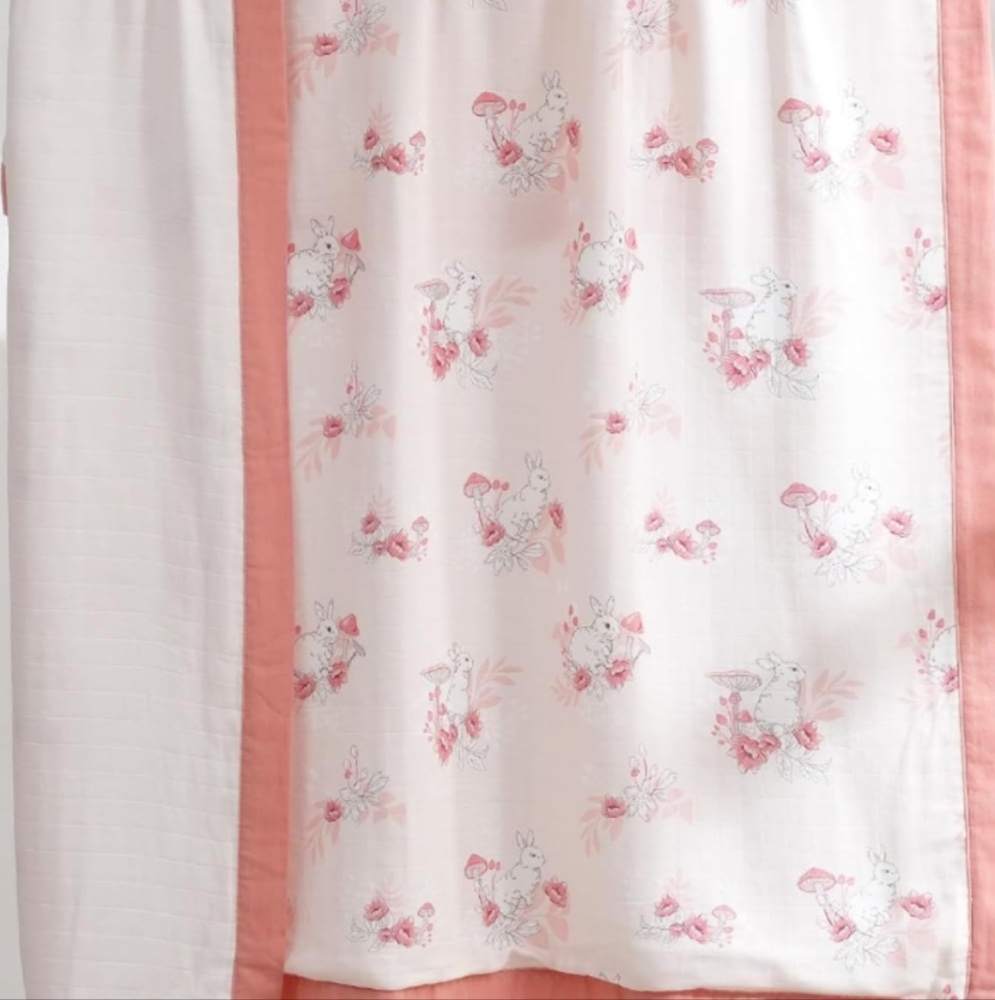 Muslin Baby Blanket, 4-Layer Muslin Cotton Swaddle, pink rabbits, 47x47
